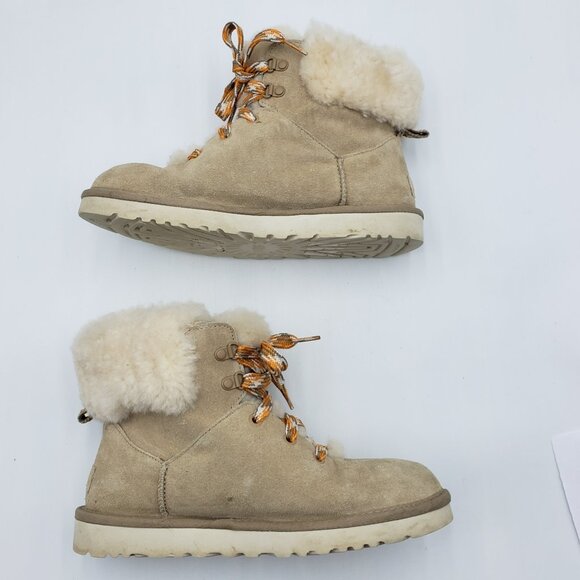 UGG Mini Alpine Boots 8 Womens Lace Up Suede Shearling Bootie Tan - Picture 5 of 9